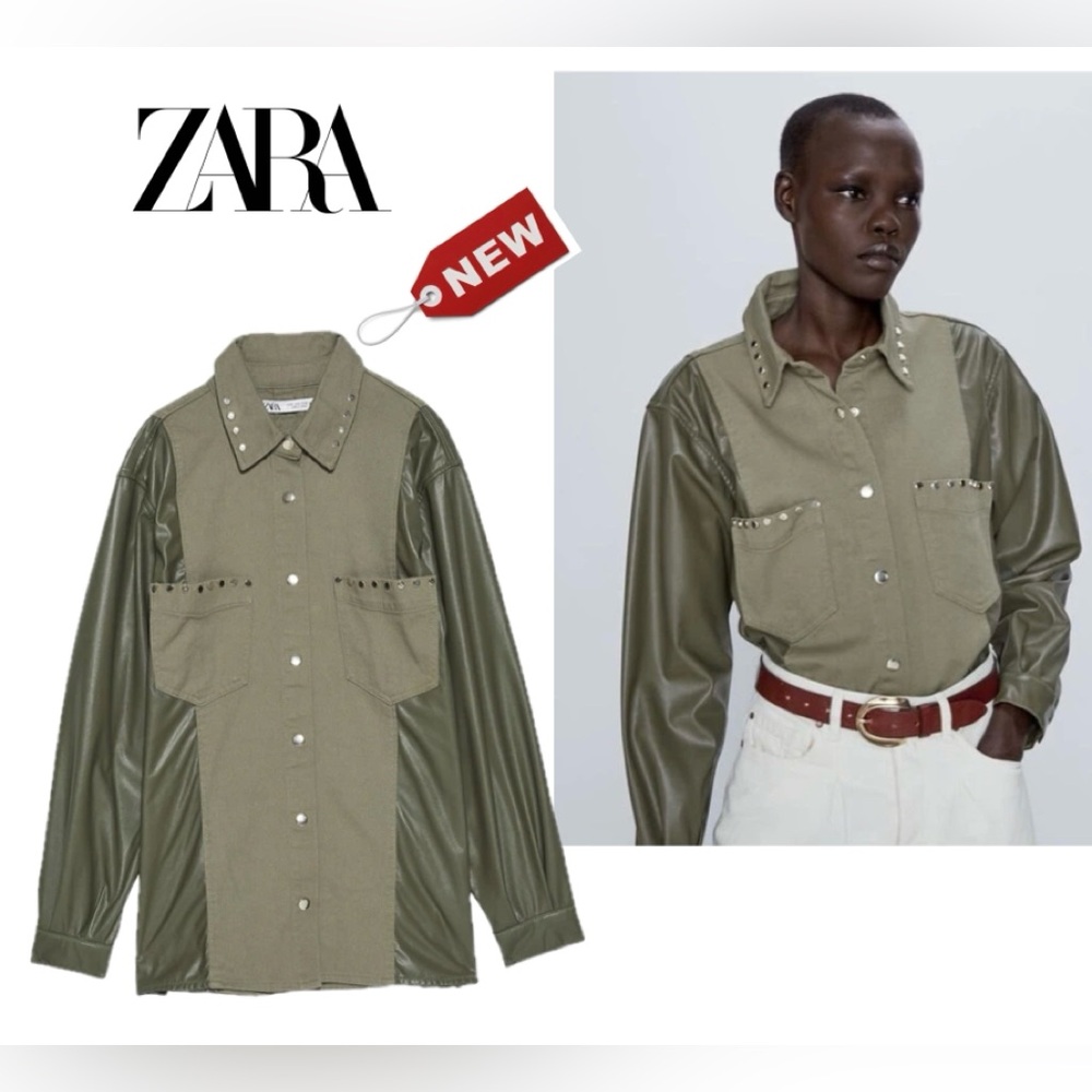 Zara olive green faux leather cotton studded utility shirt jacket shacket S NWT